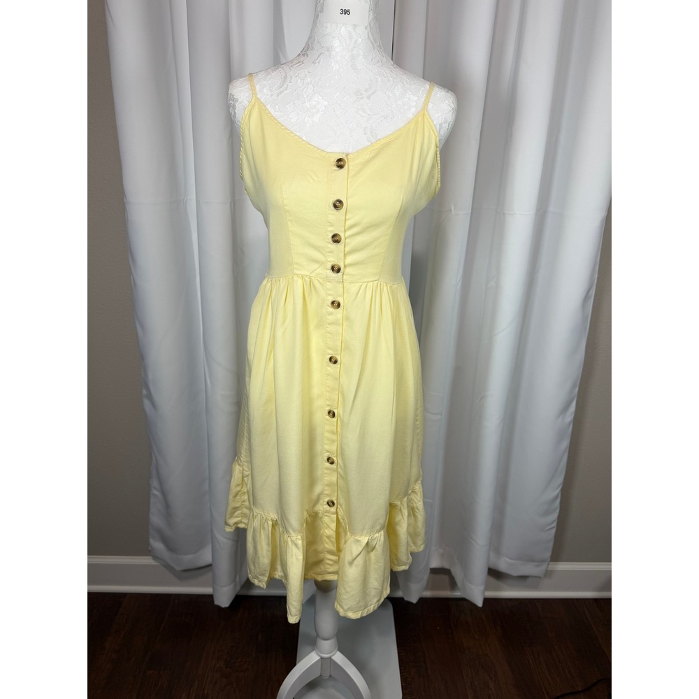 Love Tree Yellow Tencel Button Down Midi Dress Smocked Back Ruffle Hem Large
